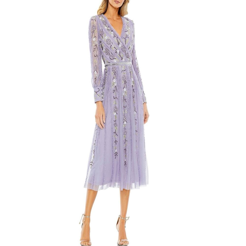 MAC DUGGAL 9133 Embroidered Faux Wrap Midi Dress in Lilac Size 12 New with Tag
